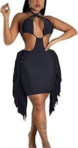 Women’s Spaghetti Strap Bodycon Cut Out Lace Up‎ Tassel Birthday/ Party Dress
